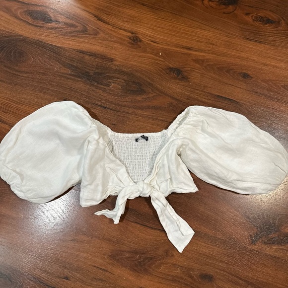 Zara Puff sleeves Tie Linen Top White color Sz XS - Picture 6 of 11